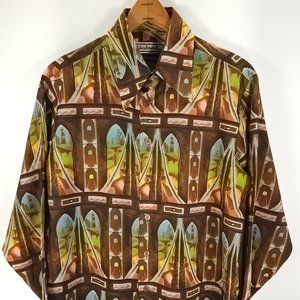Vtg Landmark Shirt Men's Large Multicolor Geometric Bridge Tunnel Print Retro